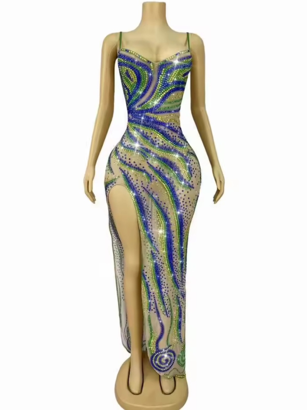 Sparkling Green & Blue High-Slit Sheer Evening Dress